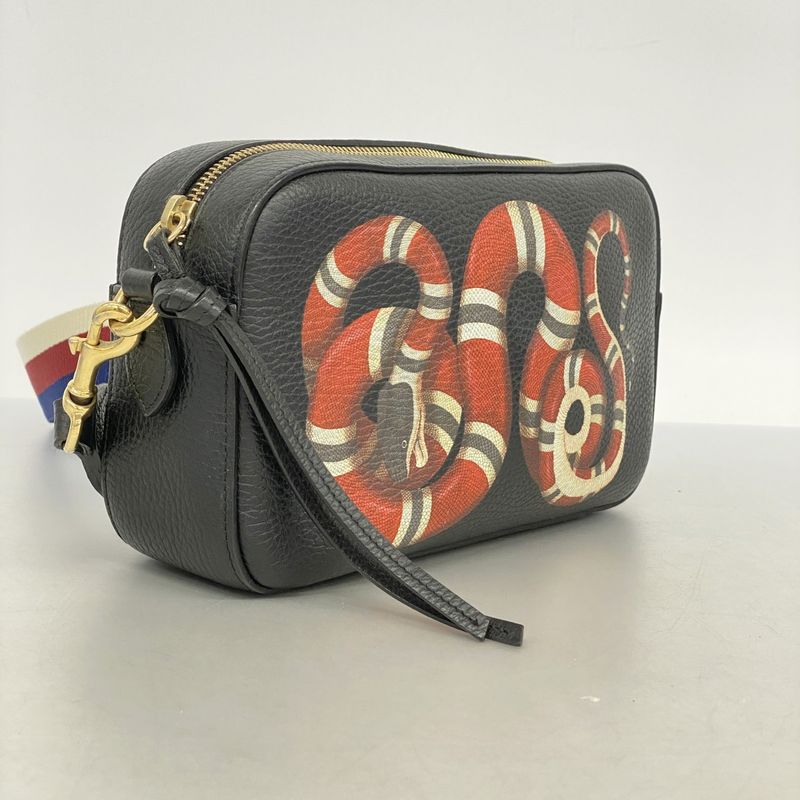 Gucci Shoulder Bag Snake 461461 Leather Black Gold Hardware Women's