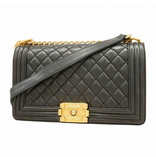 Chanel Shoulder Bag Boy Chanel Lambskin Black Gold Hardware Women's
