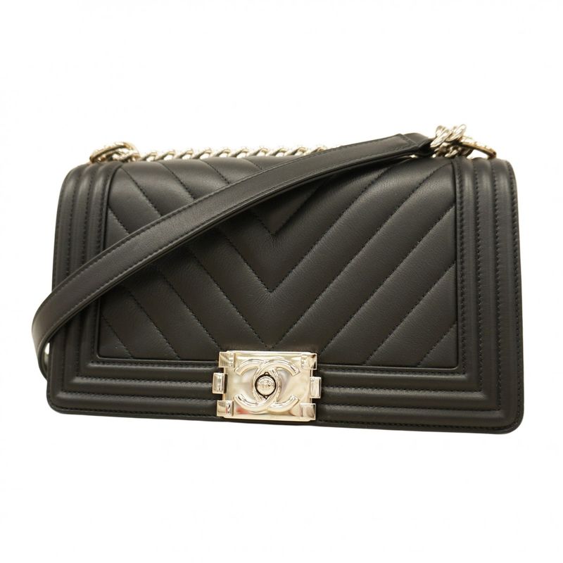 Chanel Shoulder Bag Boy Chanel V Stitch Lambskin Black Silver Hardware Ladies