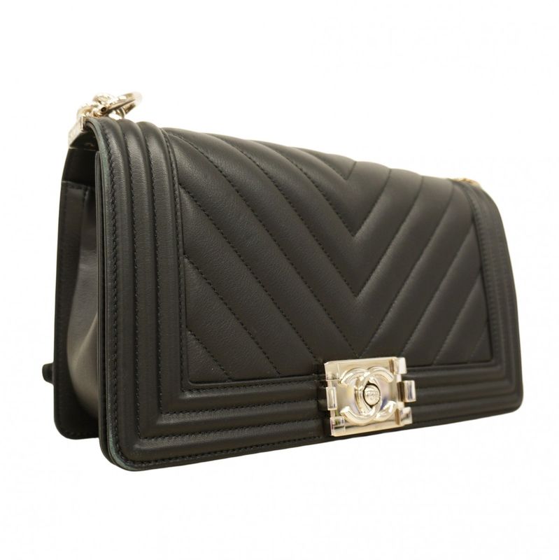 Chanel Shoulder Bag Boy Chanel V Stitch Lambskin Black Silver Hardware Ladies