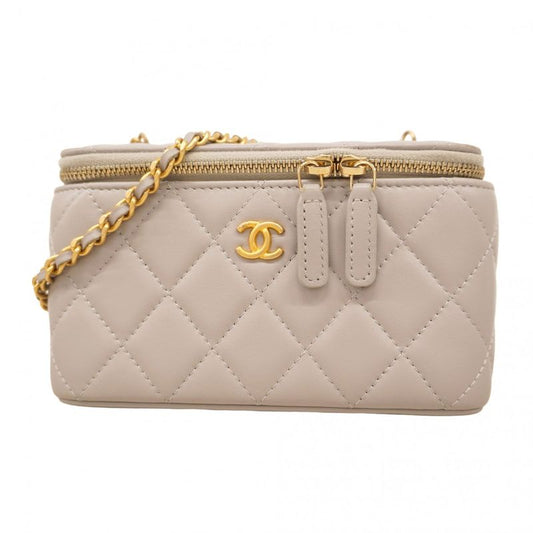Chanel Vanity Bag Matelasse Lambskin Gray Gold Hardware Women's