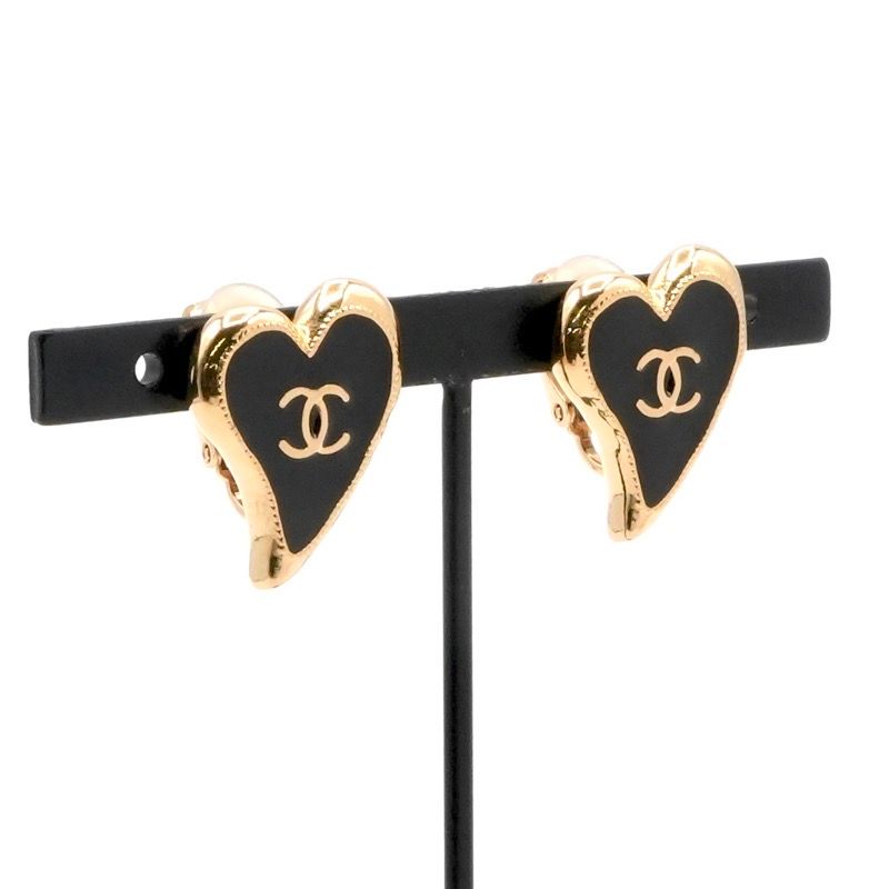 Chanel Earring Gold Black Coco Mark Heart
