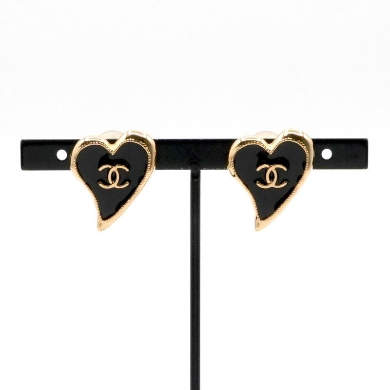 Chanel Earring Gold Black Coco Mark Heart