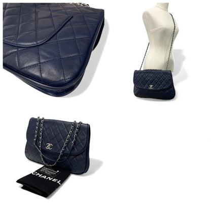 Chanel Bag Shoulder Lambskin Navy Silver Quilted Turnlock