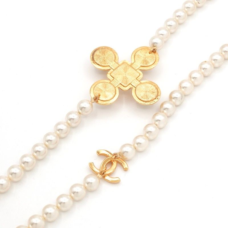 Chanel Necklace Pendant Choker Gold Coco Mark Cross Crystal Long Necklace