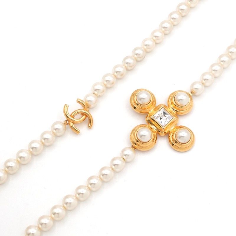 Chanel Necklace Pendant Choker Gold Coco Mark Cross Crystal Long Necklace