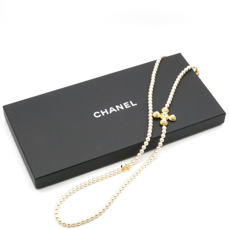 Chanel Necklace Pendant Choker Gold Coco Mark Cross Crystal Long Necklace