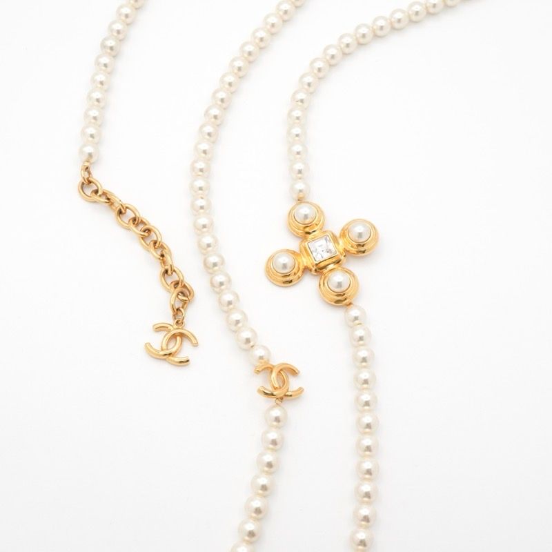 Chanel Necklace Pendant Choker Gold Coco Mark Cross Crystal Long Necklace