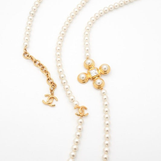 Chanel Necklace Pendant Choker Gold Coco Mark Cross Crystal Long Necklace