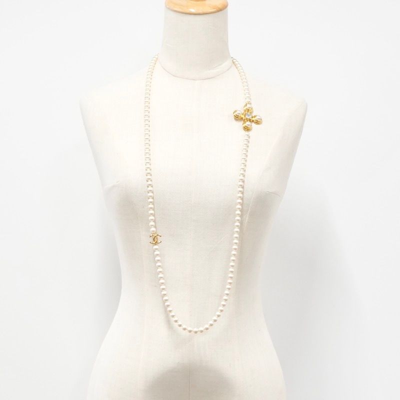 Chanel Necklace Pendant Choker Gold Coco Mark Cross Crystal Long Necklace