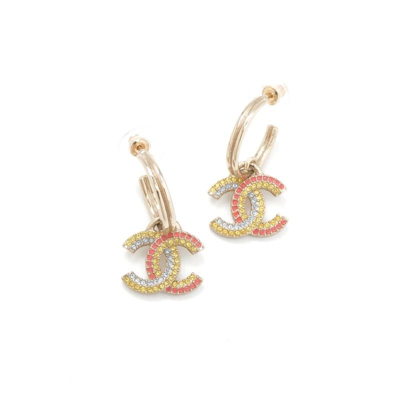 Chanel Earrings Gold Multicolor Coco Mark Hoop Rhinestone