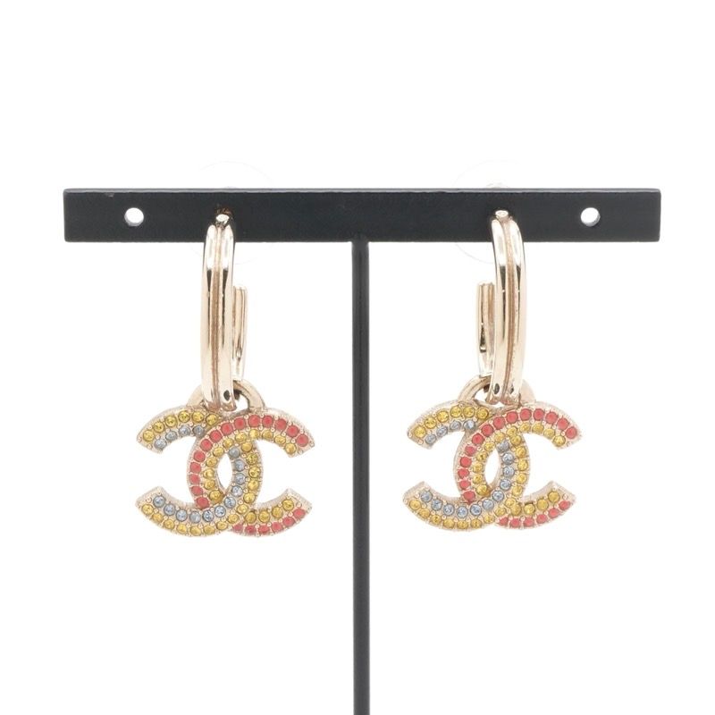 Chanel Earrings Gold Multicolor Coco Mark Hoop Rhinestone