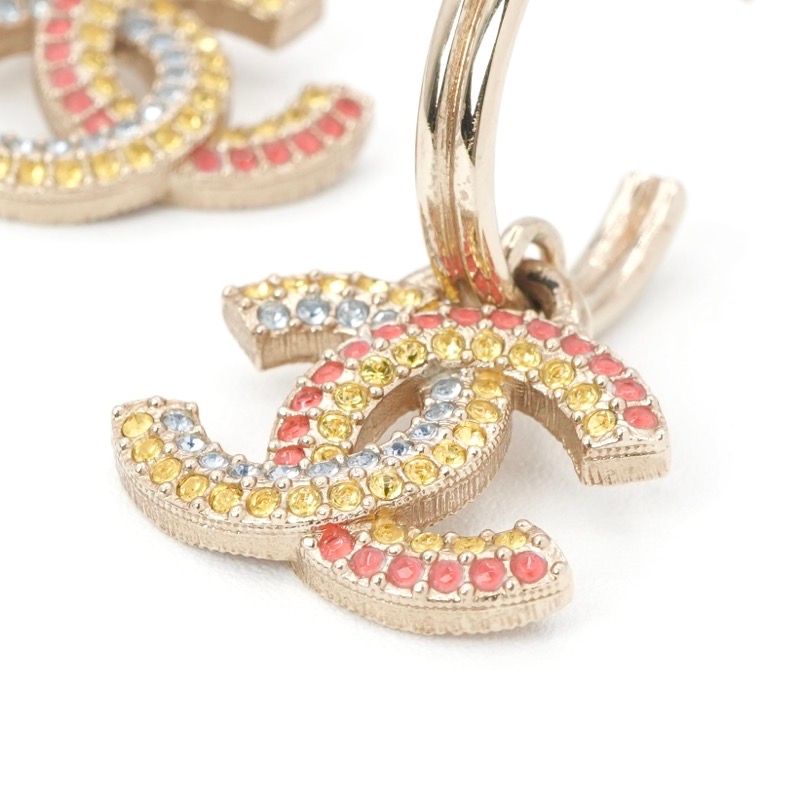 Chanel Earrings Gold Multicolor Coco Mark Hoop Rhinestone