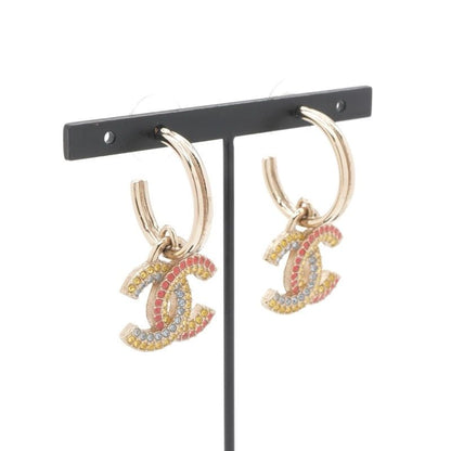 Chanel Earrings Gold Multicolor Coco Mark Hoop Rhinestone