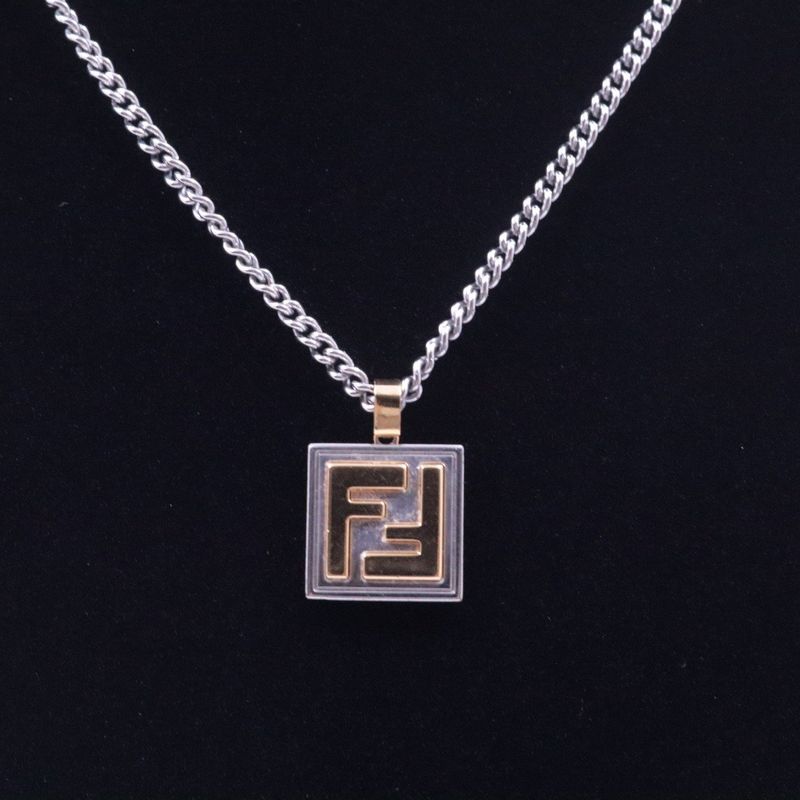 Fendi FF Logo Square Necklace Gold Color Silver [ioki