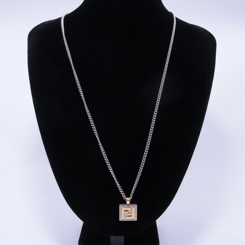 Fendi FF Logo Square Necklace Gold Color Silver [ioki