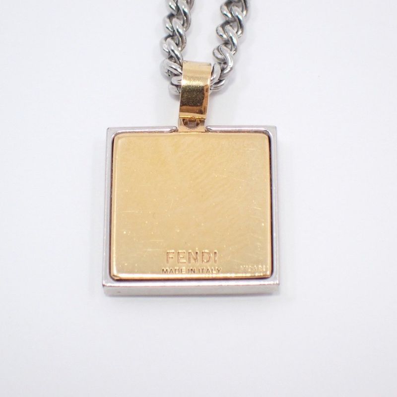 Fendi FF Logo Square Necklace Gold Color Silver [ioki