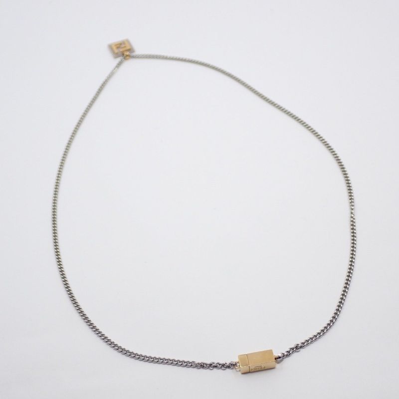 Fendi FF Logo Square Necklace Gold Color Silver [ioki