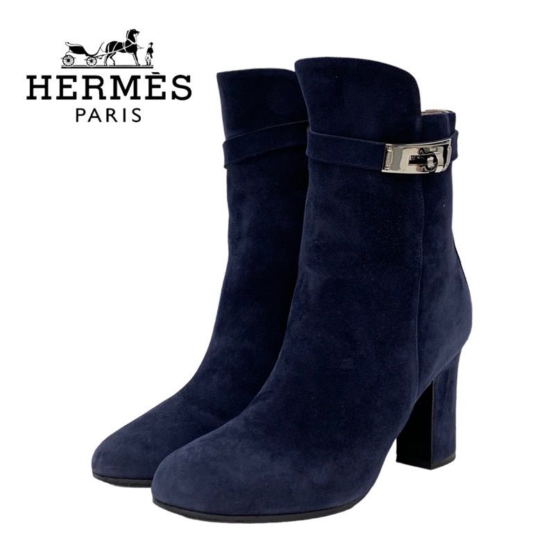 Hermes Boots Short Boots Shoes Suede Navy Silver Kelly Hardware