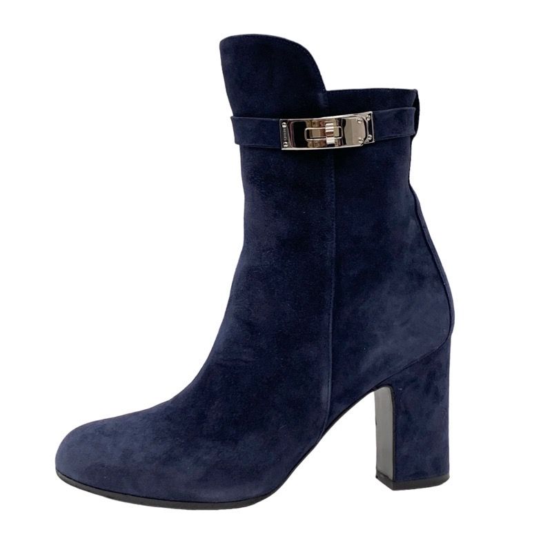 Hermes Boots Short Boots Shoes Suede Navy Silver Kelly Hardware