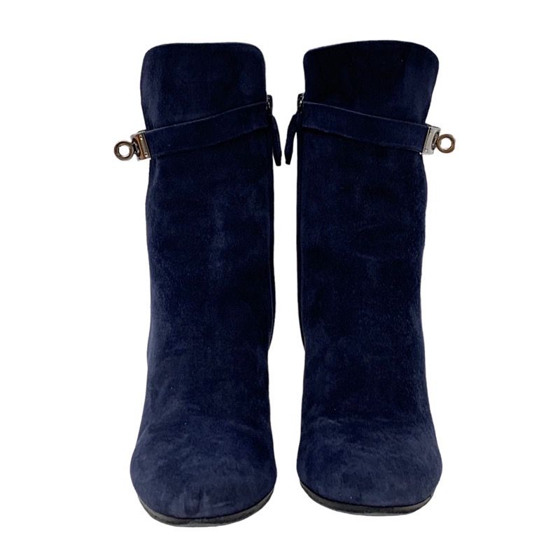 Hermes Boots Short Boots Shoes Suede Navy Silver Kelly Hardware