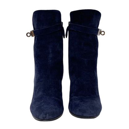 Hermes Boots Short Boots Shoes Suede Navy Silver Kelly Hardware