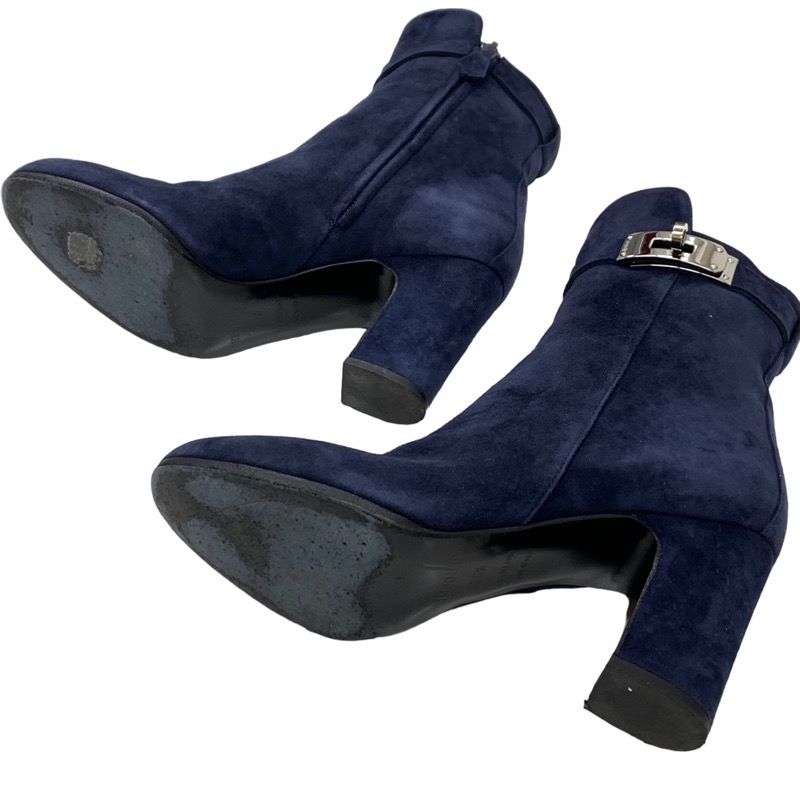 Hermes Boots Short Boots Shoes Suede Navy Silver Kelly Hardware