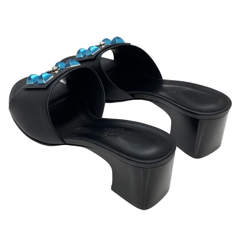 Hermes Dreamy Sandals Shoes Leather Black Silver Unused Mule Corriedo Chien