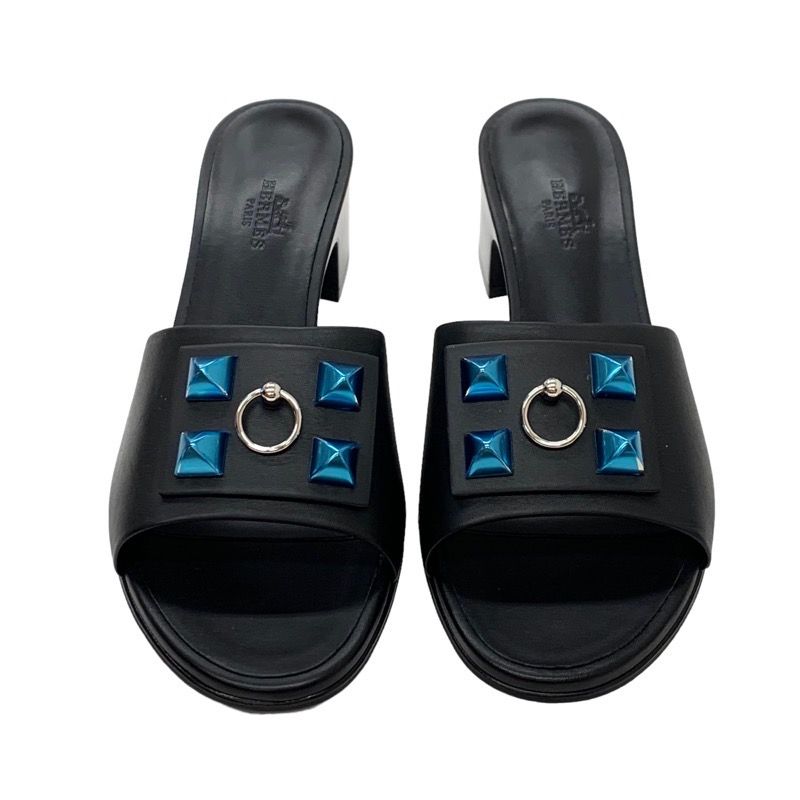 Hermes Dreamy Sandals Shoes Leather Black Silver Unused Mule Corriedo Chien