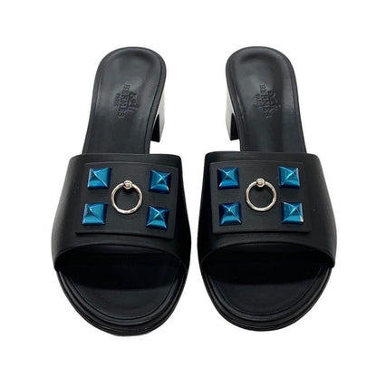 Hermes Dreamy Sandals Shoes Leather Black Silver Unused Mule Corriedo Chien