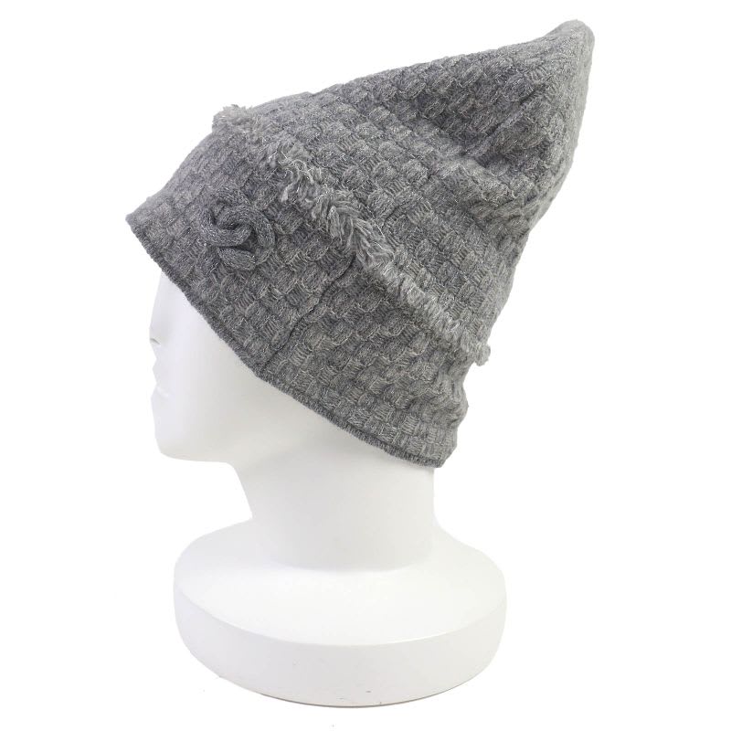 Chanel 16 B Cashmere Coco Mark Fringe Design Lame Thread Beanie Knit Cap