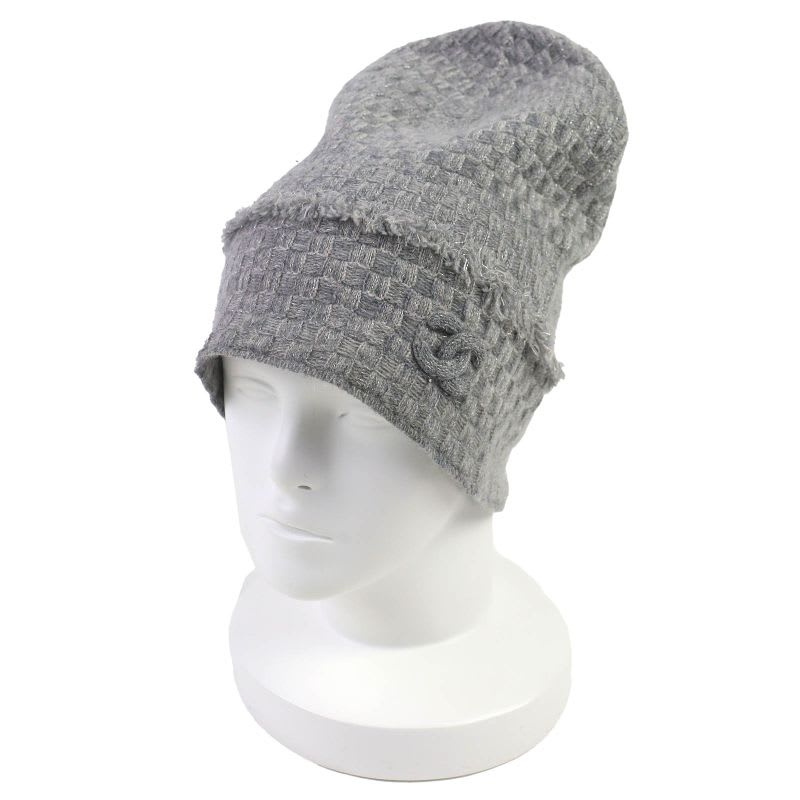 Chanel 16 B Cashmere Coco Mark Fringe Design Lame Thread Beanie Knit Cap