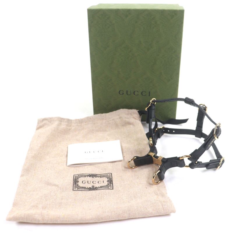 Gucci Leather Interlocking G Dog Torso Harness Black Gold Hardware XS