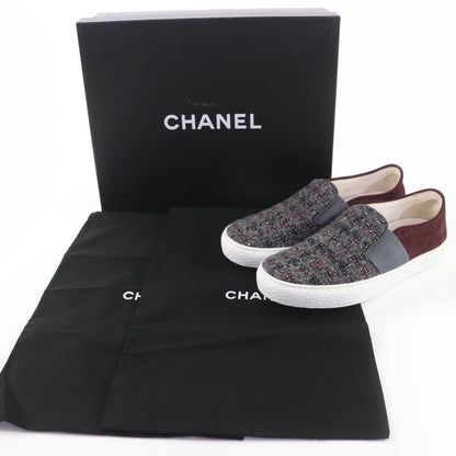 Chanel 16B G31713 Back Coco Mark Tweed Suede Leather Sneakers Slip-on Gray 36
