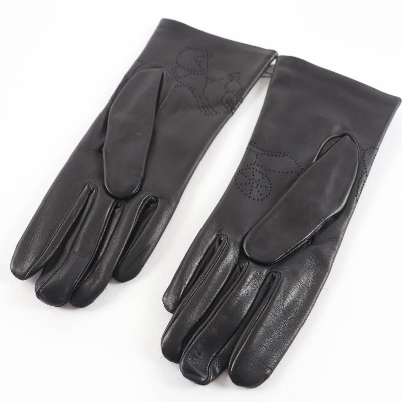 Hermes Carriage Embossed Design Leather Gloves Black 6.5 Storage Bag Included