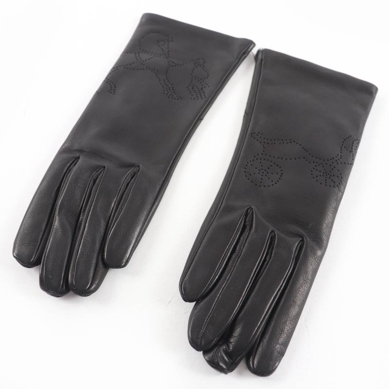 Hermes Carriage Embossed Design Leather Gloves Black 6.5 Storage Bag Included