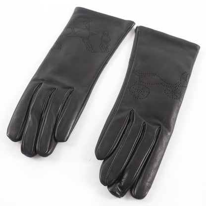Hermes Carriage Embossed Design Leather Gloves Black 6.5 Storage Bag Included