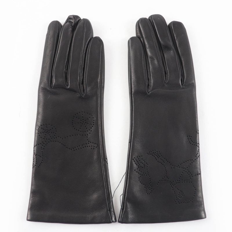 Hermes Carriage Embossed Design Leather Gloves Black 6.5 Storage Bag Included