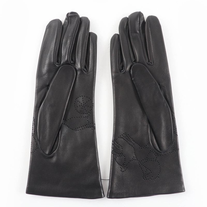 Hermes Carriage Embossed Design Leather Gloves Black 6.5 Storage Bag Included