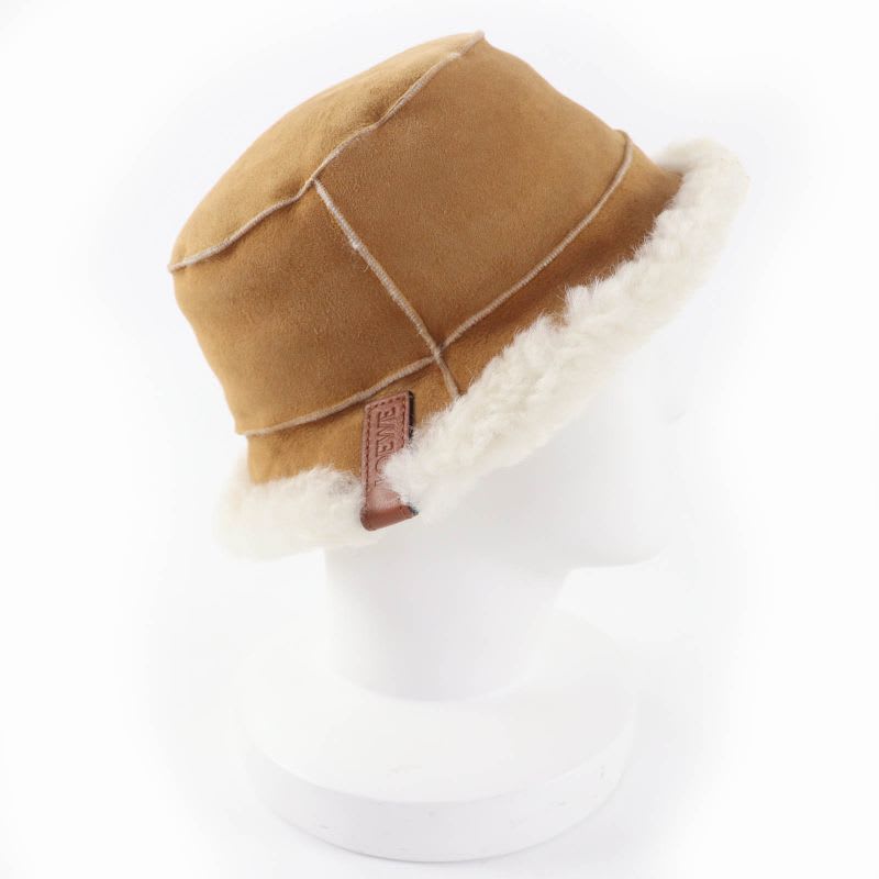 Loewe Logo Leather Shearling Bucket Hat Brown 57 Women's