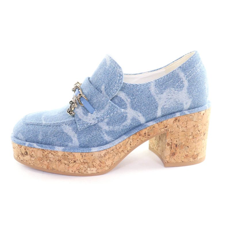 Chanel 23 B Chain Decoration Denim Loafers Indigo With Here Mark Hardware