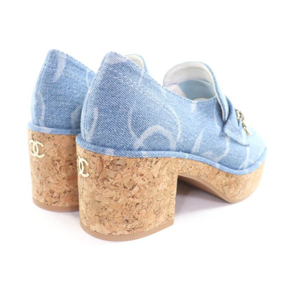 Chanel 23 B Chain Decoration Denim Loafers Indigo With Here Mark Hardware