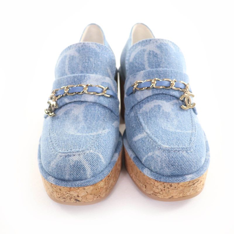 Chanel 23 B Chain Decoration Denim Loafers Indigo With Here Mark Hardware
