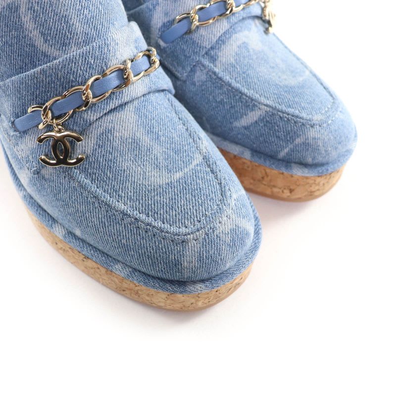 Chanel 23 B Chain Decoration Denim Loafers Indigo With Here Mark Hardware