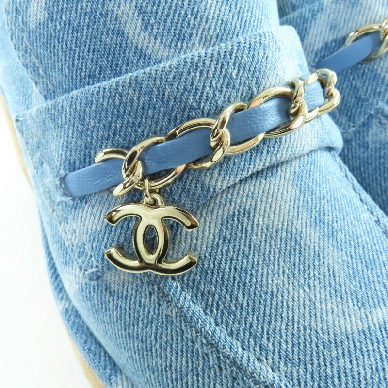 Chanel 23 B Chain Decoration Denim Loafers Indigo With Here Mark Hardware