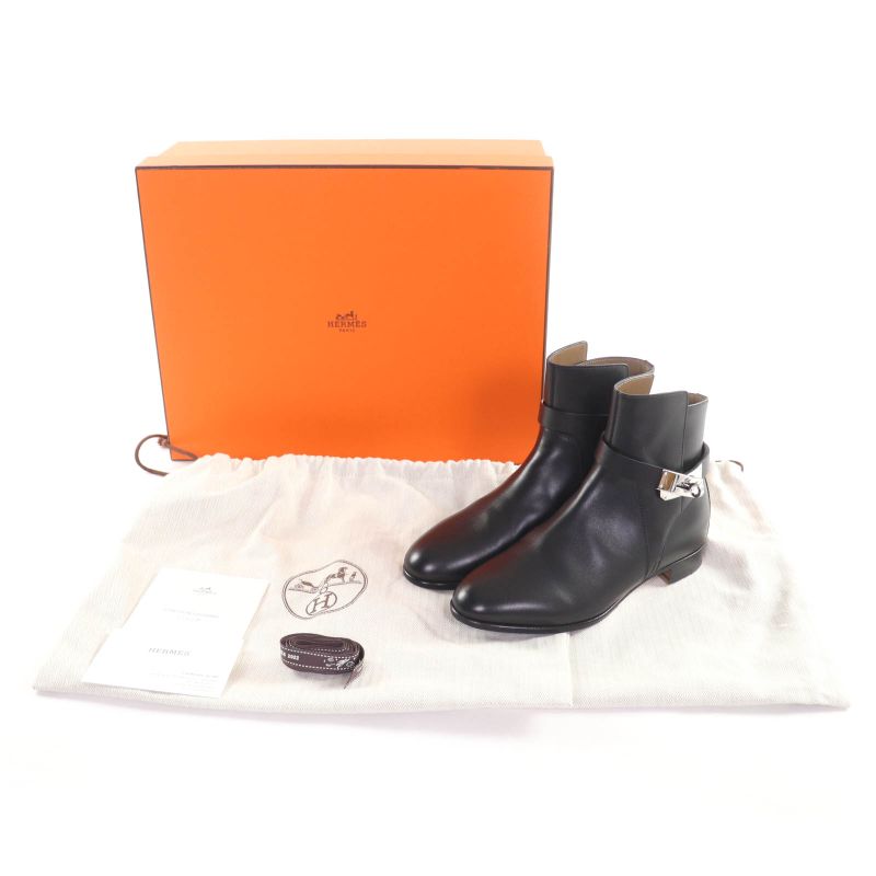 Hermes Neo Silver Hardware Kelly Buckle Leather Short Boots Black 34.5 Box And