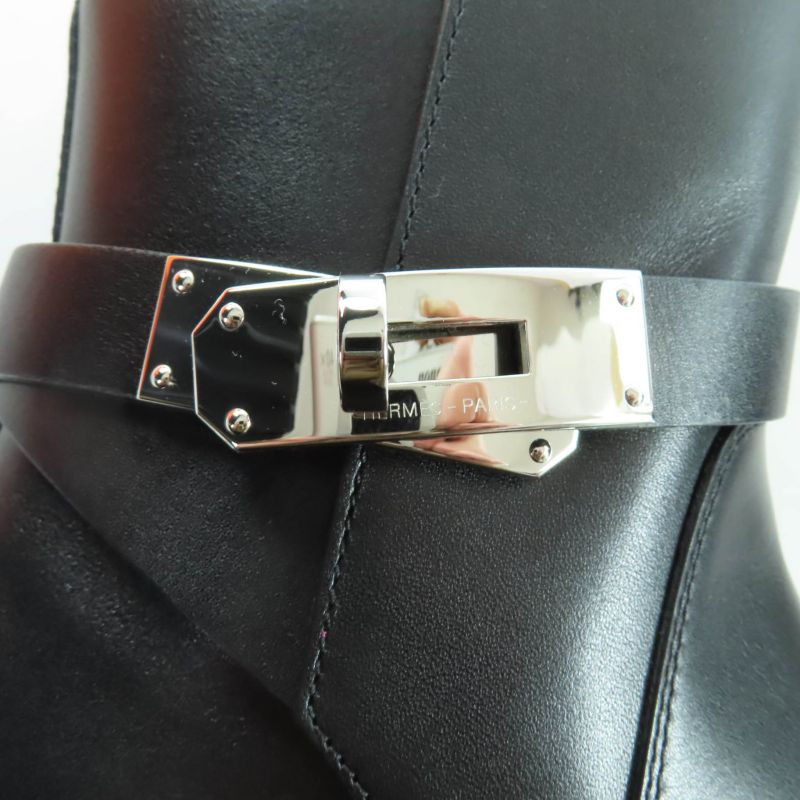 Hermes Neo Silver Hardware Kelly Buckle Leather Short Boots Black 34.5 Box And