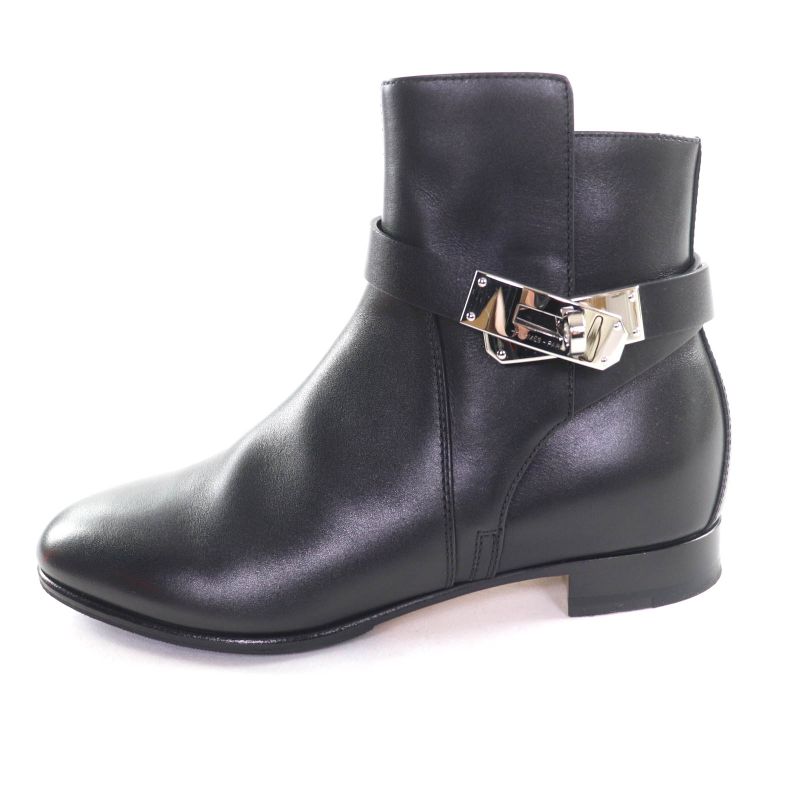 Hermes Neo Silver Hardware Kelly Buckle Leather Short Boots Black 34.5 Box And