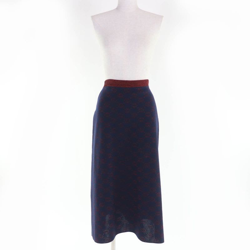 Gucci Wool Lame Jacquard GG Pattern Long Knit Skirt Navy Red