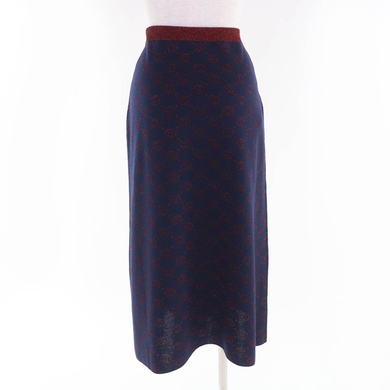 Gucci Wool Lame Jacquard GG Pattern Long Knit Skirt Navy Red